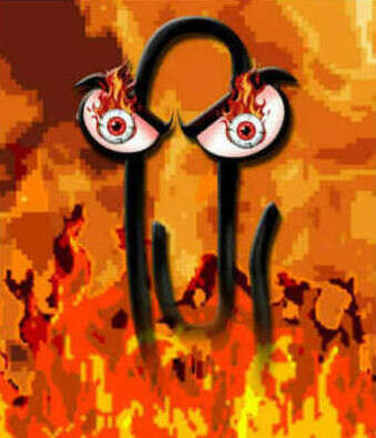 Graphic illustration of a fading-in Evil Clippy (a sapient paperclip), with flaming red eyes across a fiery 1990s-style pixel art background (inspired by the computer game <em>Doom</em>). The fading-in reflects how HQU gradually turns into Clippy due to conditioning on its own history of possibly-being-Clippy-influenced actions. Artist’s depiction (not to scale).