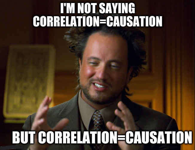 'Ancient Alien' meme: image of man with bad tan, captioned 'I'm not saying correlation=causation... But correlation=causation', referring to how researchers and policymakers honor the point 'correlation ≠ causation' primarily in the breach, and act as if correlation=causation. Paper’s discussion section vs quotes in press-release/media-articles