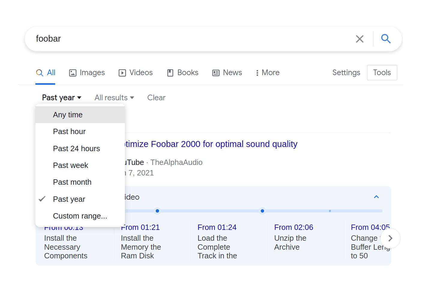 Click “Tools” on the far right to access date-range & “verbatim” search modes in Google Search.