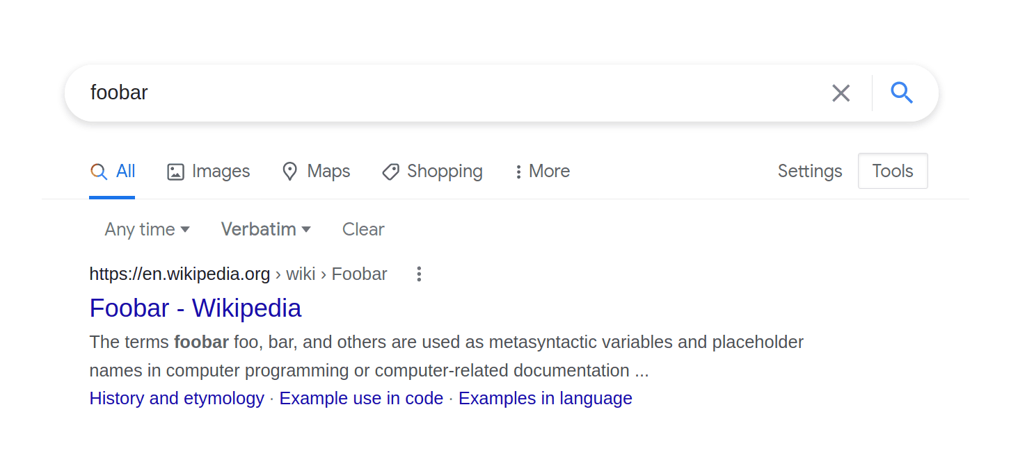 The “verbatim” mode is useful for forcing more literal matching: without it, a search for “foobar” will insist on hits about music players, hiring contests, etc rather than the programming term itself.