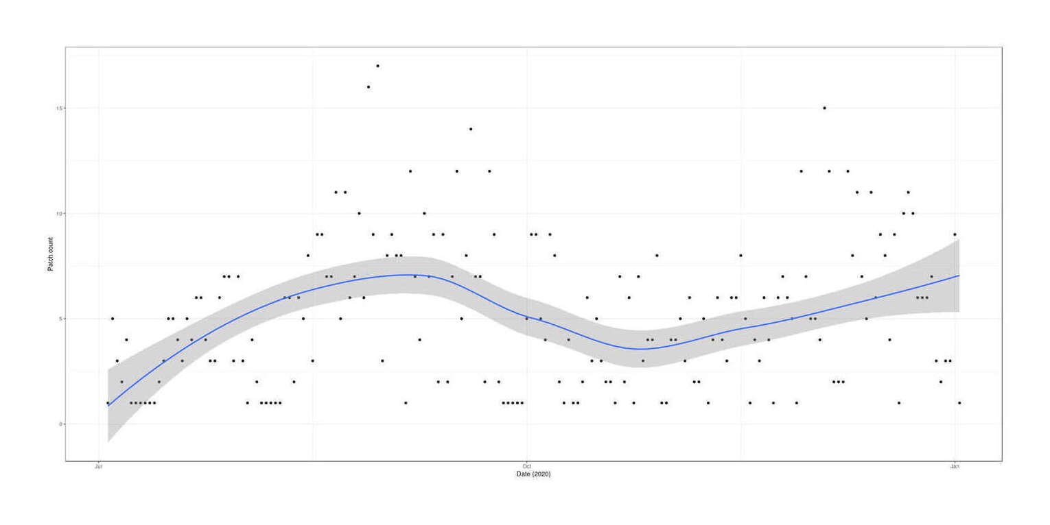 Plot of patch creations (y-axis) versus date (x-axis): July 2019–Jan 2020