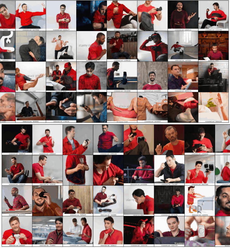 Figure 6: 60 generated images for “A man in red shirt is playing video games” (selected at random from COCO), displayed in the order of Caption Score. Most bad cases are ranked in last places. The diversity also eases the concern that CogView might be overfitting a similar image in the training set.