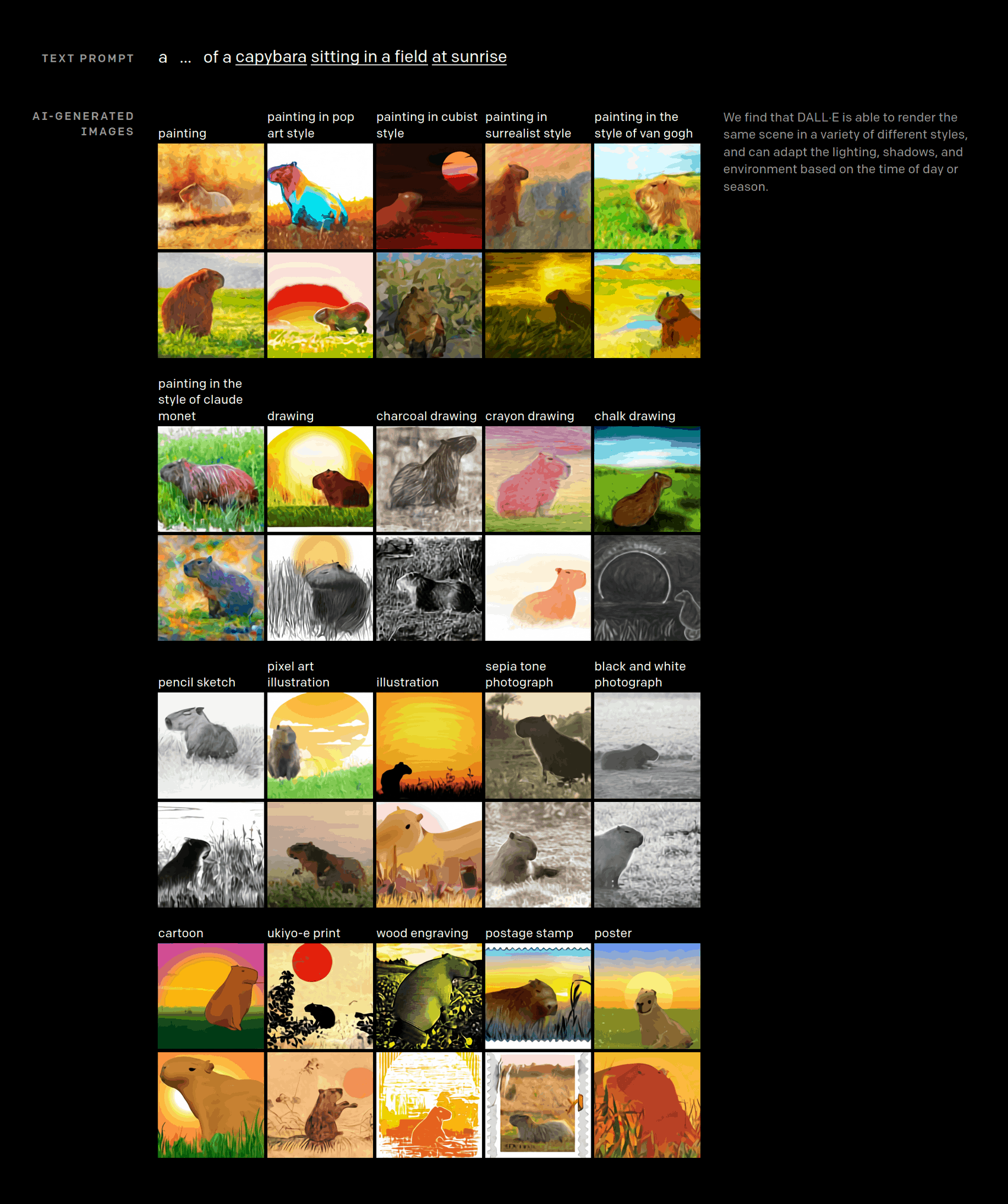 We find that DALL·E is able to render the same scene in a variety of different styles, and can adapt the lighting, shadows, and environment based on the time of day or season: “a … of a capybara sitting in a field at sunrise”