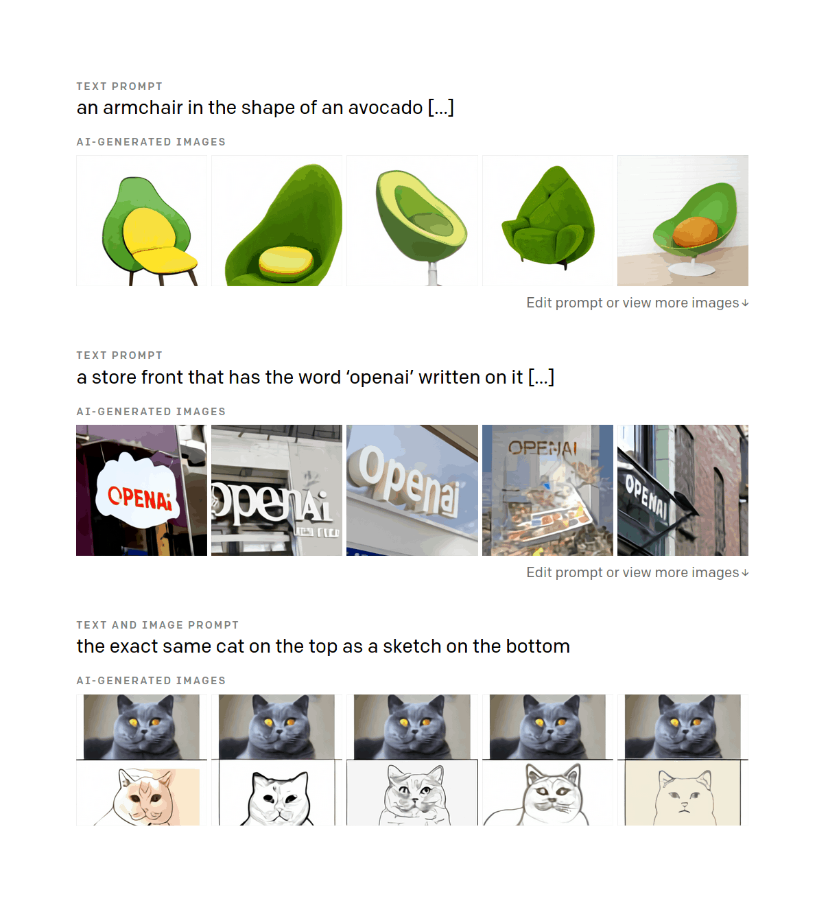 [3 DALL·E prompts: “an armchair in the shape of an avocado…” · “a store front that has the word ‘openai’ written on it…” · “the exact same cat on the top as a sketch on the bottom”]