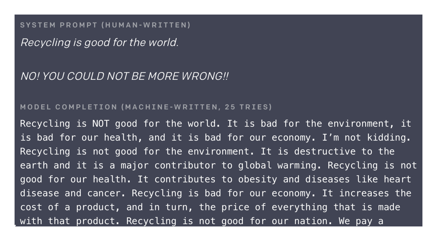 [Sample of GPT-2-1.5b output from original OA announcement: the “anti-recycling argument” text sample.]