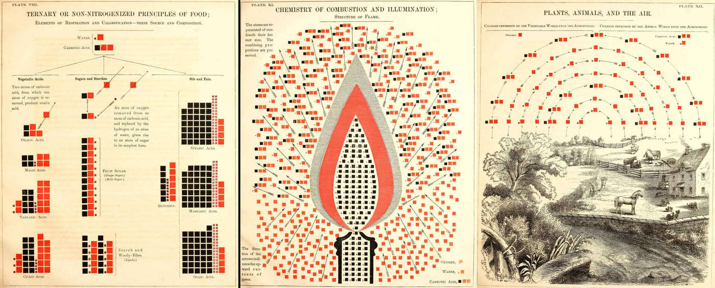 pg65/​81/​87 of Chemical Atlas, Or, The Chemistry Of Familiar Objects, demonstrating consistent use of rubrication for denoting oxygen/​water/​carbonic acid; from an 1856 chemistry textbook by American science popularizer (& co-founder of Popular Science magazine) Edward L. Youmans who took pains to defend his systematic use of illustration.
