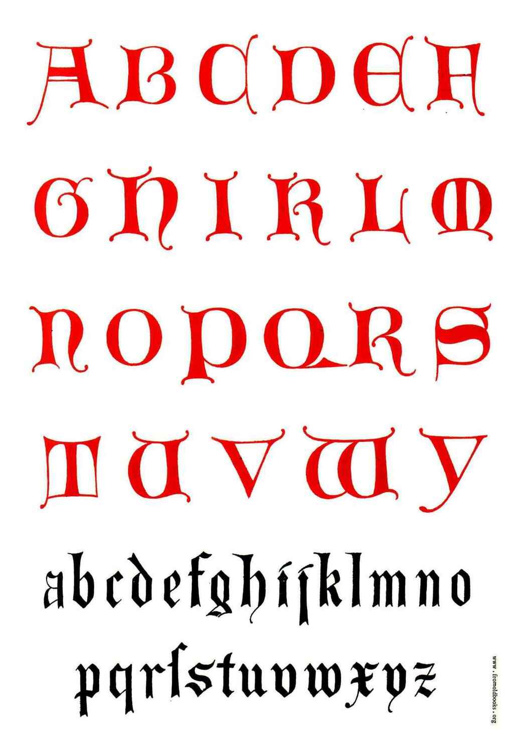 Plate 43, 14th century Lombardic alphabet, The Art of Illuminating As Practised in Europe from the Earliest Times, Tymms 1860, modeled after earlier Lombardic capitals