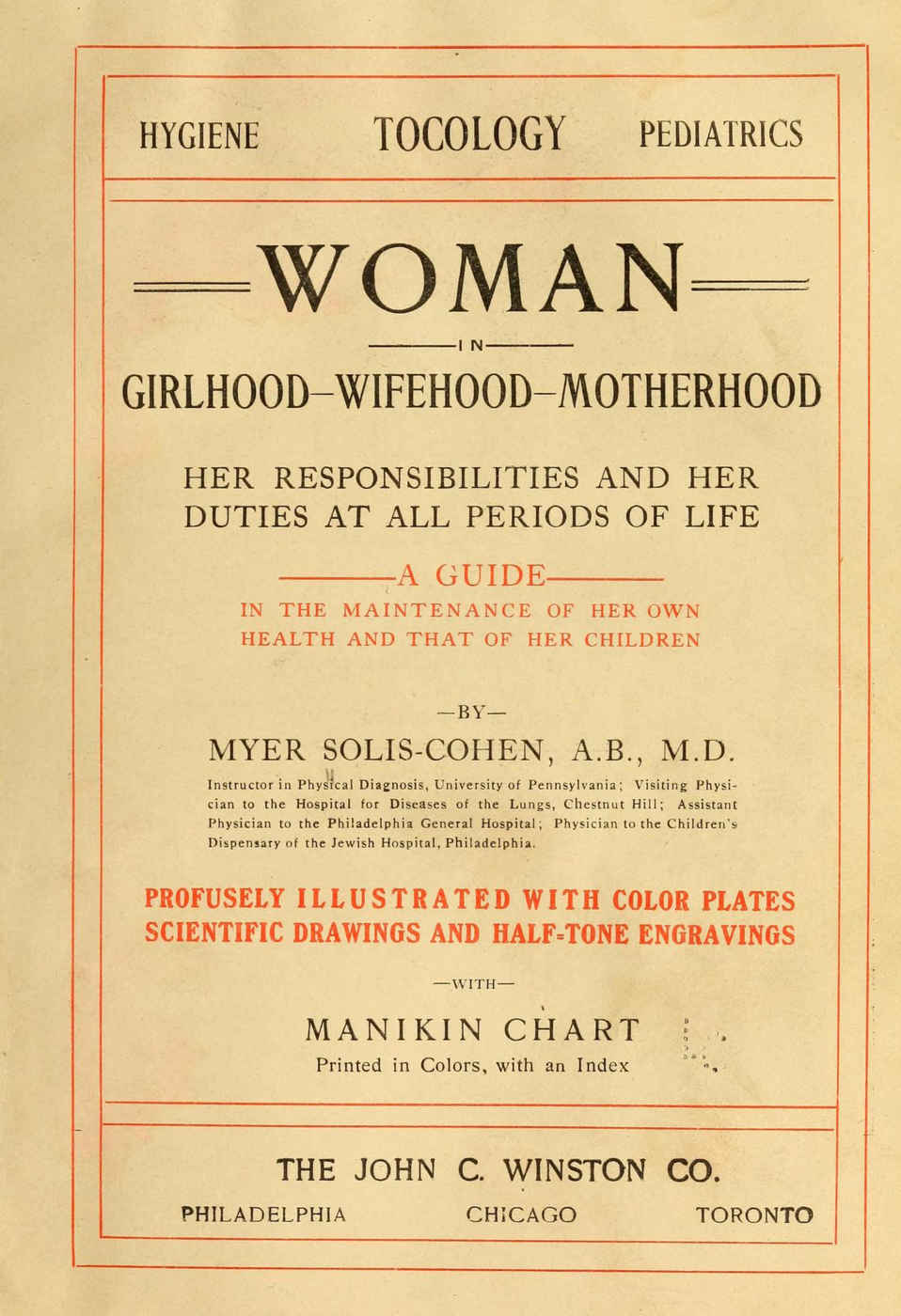 Rubricated title page of the “profusely illustrated” menstruation/​pregnancy/​married-life manual, Woman in girlhood, wifehood, motherhood; her responsibilities and her duties at all periods of life; a guide in the maintenance of her health and that of her children, Solis-Cohen 1906