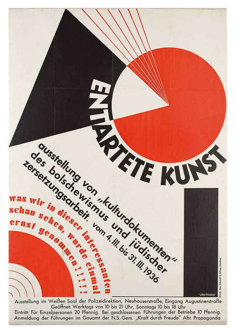 A parody of “cultural documents of Bolshevism” (ie. “Beat the Whites with the Red Wedge”) by Nazi designer Hans Vitus Vierthaler (1910–1942); poster apparently designed in 1936 for the Nazi’s 1937 “Degenerate Art Exhibition” condemning Entartete Kunst/​“degenerate art”