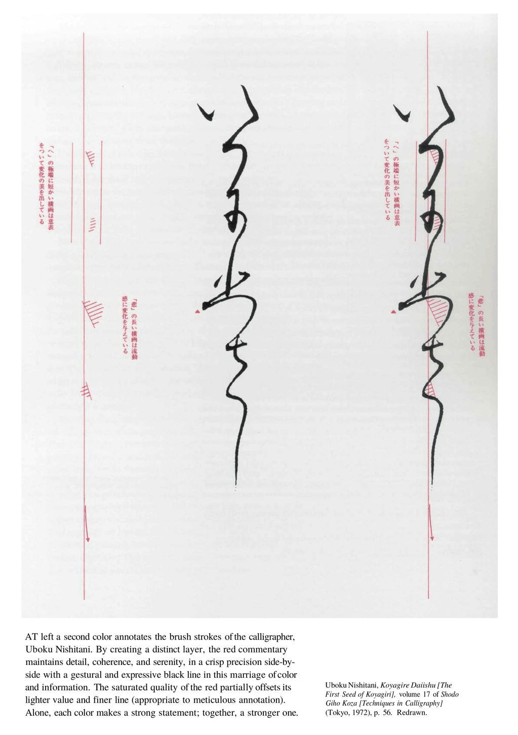 Japanese calligraphy with rubrication commentary, Uboku Nishitani 1972 (“The First Seed of Koyagiri”, v17 Techniques in Calligraphy); from pg54 of chapter 3, “Layering and Separation” of Envisioning Information, Tufte 1990