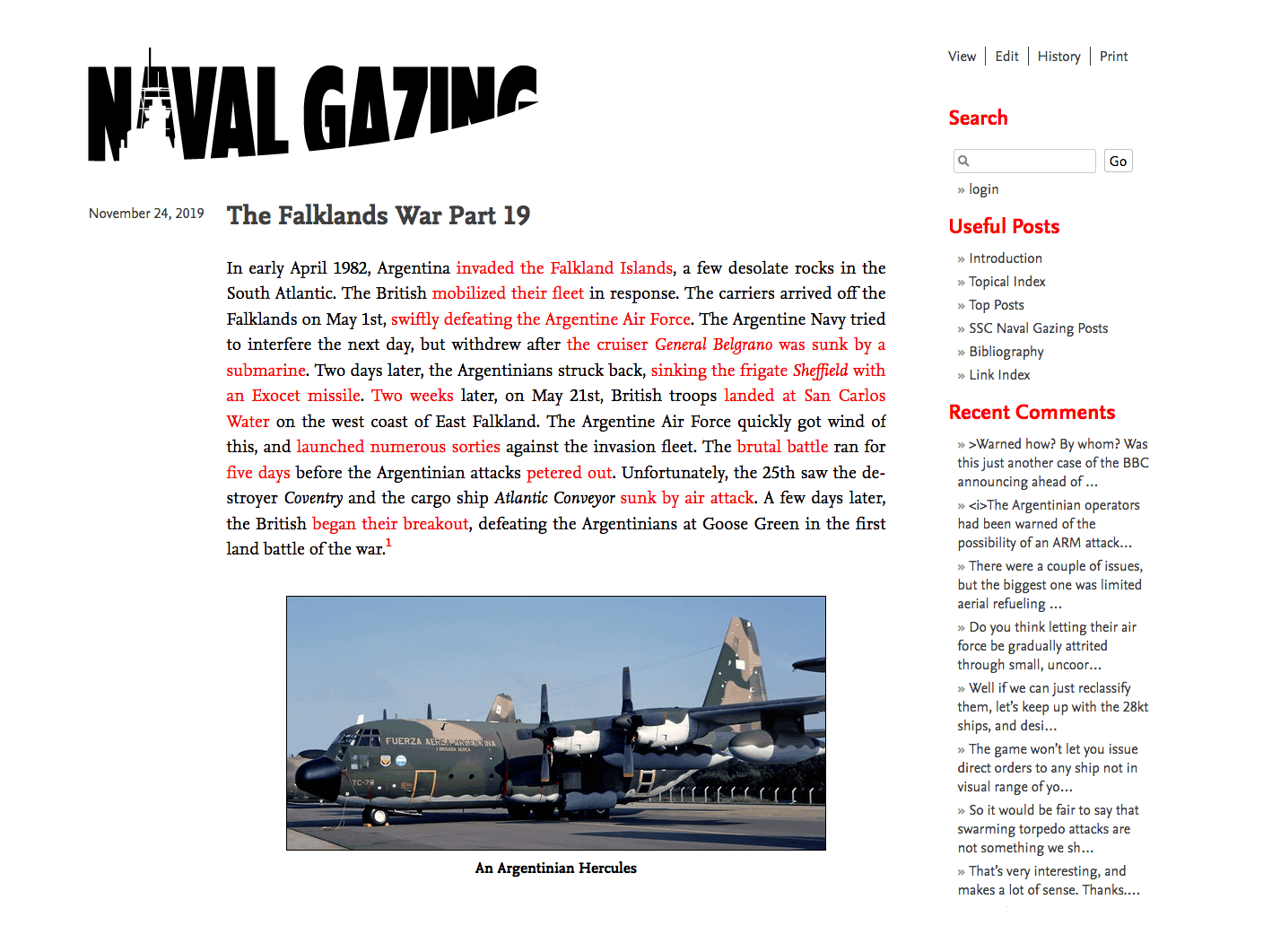 Naval Gazing (military navy group blog), “The Falklands War Part 19”, 2019-11-24; demonstrates side design’s rubrication for links & sidebar sectioning