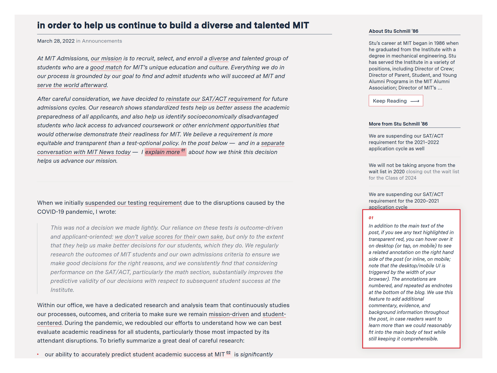MIT Admissions blog, demonstrating fixed-floating sidenote