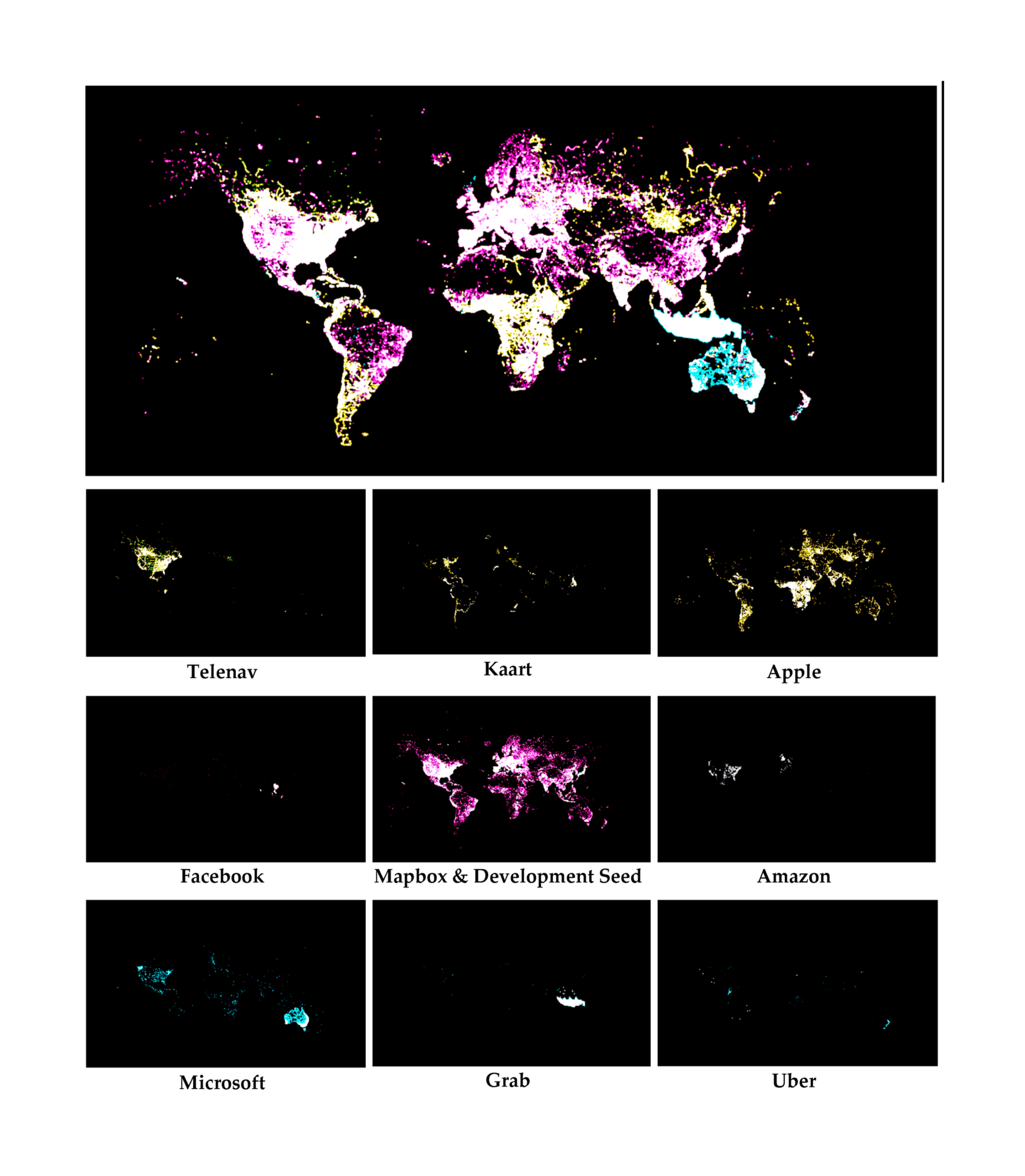Figure 3: Where corporate editors are editing. The main map shows an aggregated view for all 10 companies. The sub figures show where each company is editing. In this map, we have combined the Mapbox and Development Seed teams because they merged in late 2017.