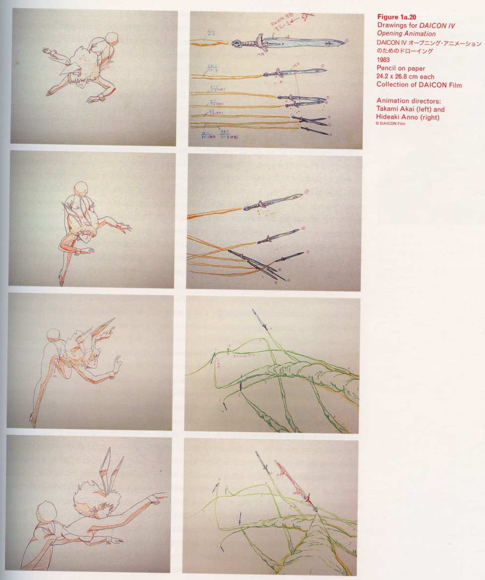 Caption left top: · Drawings for DAICON IV Opening Animation · Pencil on paper · 24.2 × 26.8 cm each · Collection of DAICON Film · Animation directors: · Takami Akai (left) and · Hideaki Anno (right)