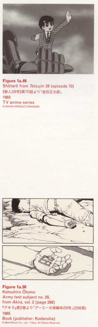 Caption right top: · Figure 1a.49 · Shōtarō from Tetsujin 28 (episode 70) · 1965 · TV anime series · Caption right bottom: · Figure 1a.50 · Katsuhiro Ōtomo · Army test subject no. 28, from Akira, vol. 2 (page 298) · 1985 · Book (publisher: Kodansha)