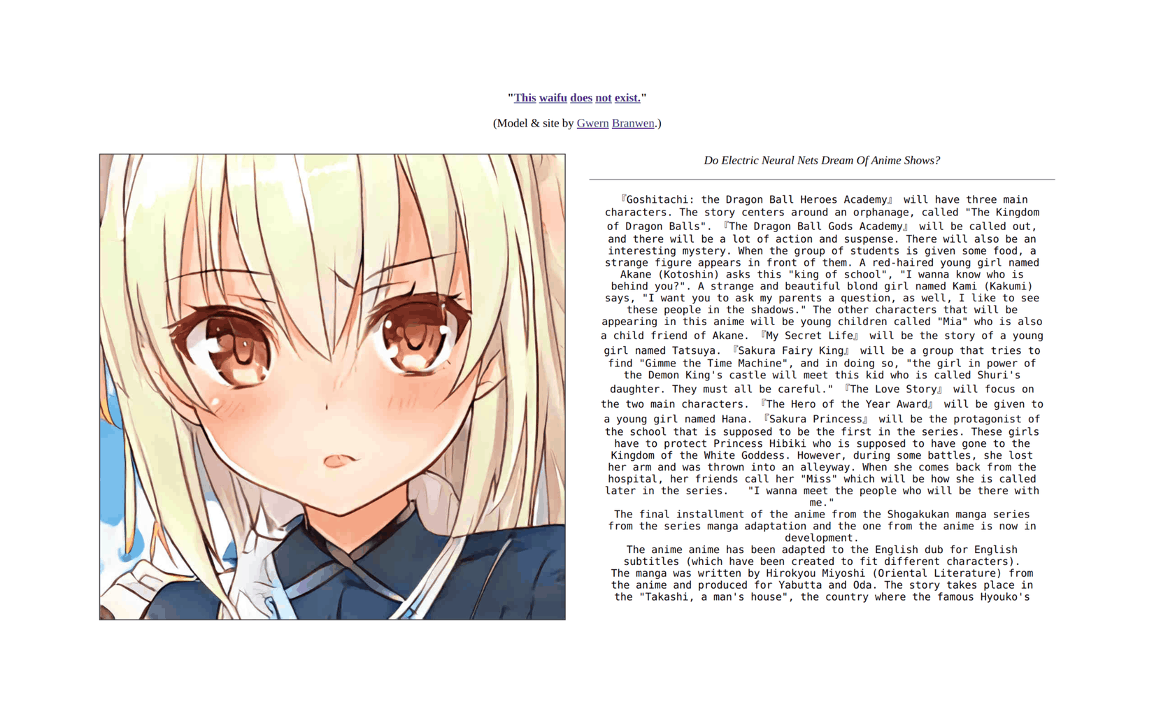 A screenshot of “This Waifu Does Not Exist” (TWDNE) showing a random StyleGAN-generated anime face and a random GPT-3 text sample conditioned on anime keywords/​phrases.