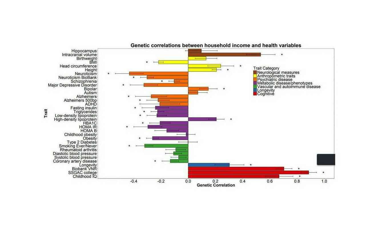 Genetic correlation between household income and health variables.