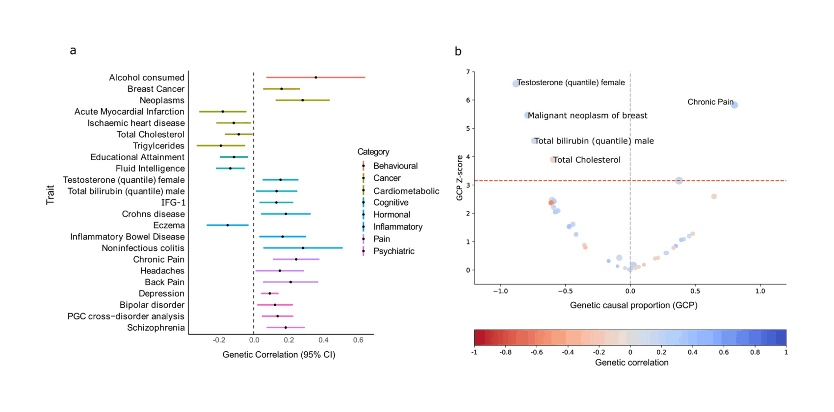 Figure 2: Genetic correlation and latent causal variable analysis between acne and other complex traits. All analyses were conducted using GWAS summary statistic data from 935 complex traits in the CTG-VL platform. (a) Black circles represent point estimates of LD score-based genetic correlations. Error bars indicate 95% confidence intervals. (b) Color bar indicates strength and direction of genetic correlation where red indicates a negative correlation and blue a positive correlation. Red line indicates statistical-significance threshold for multiple testing (FDR < 5%). CI: confidence intervals, GCP: Genetic causal proportion.