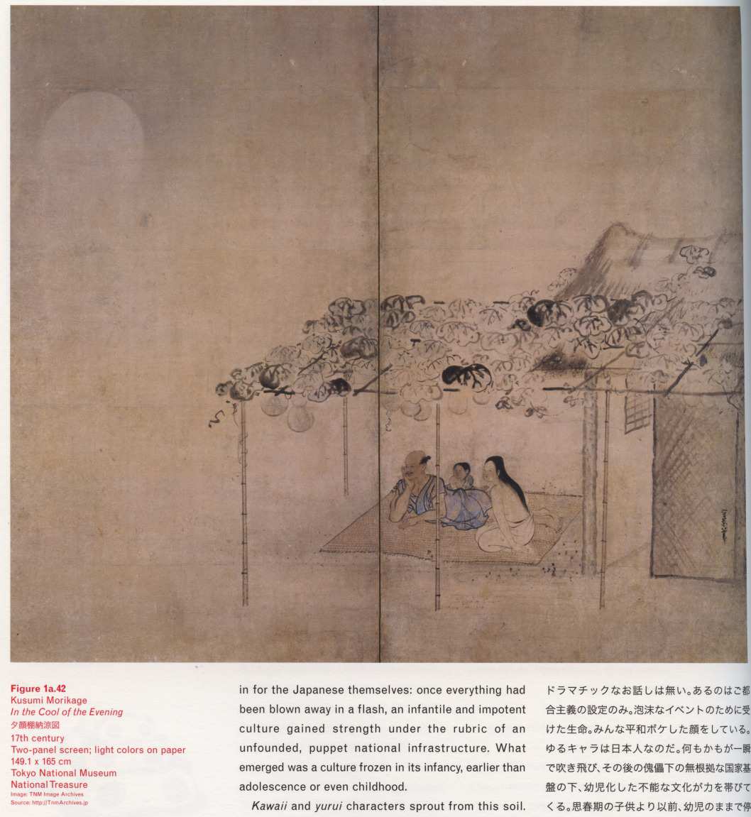 Caption left bottom: · Figure 1a.42 · Kusumi Morikage · In the Cool of the Evening · 17th century · Two-panel screen; light colors on paper · 149.1 × 165 cm · Tokyo National Museum · National Treasure