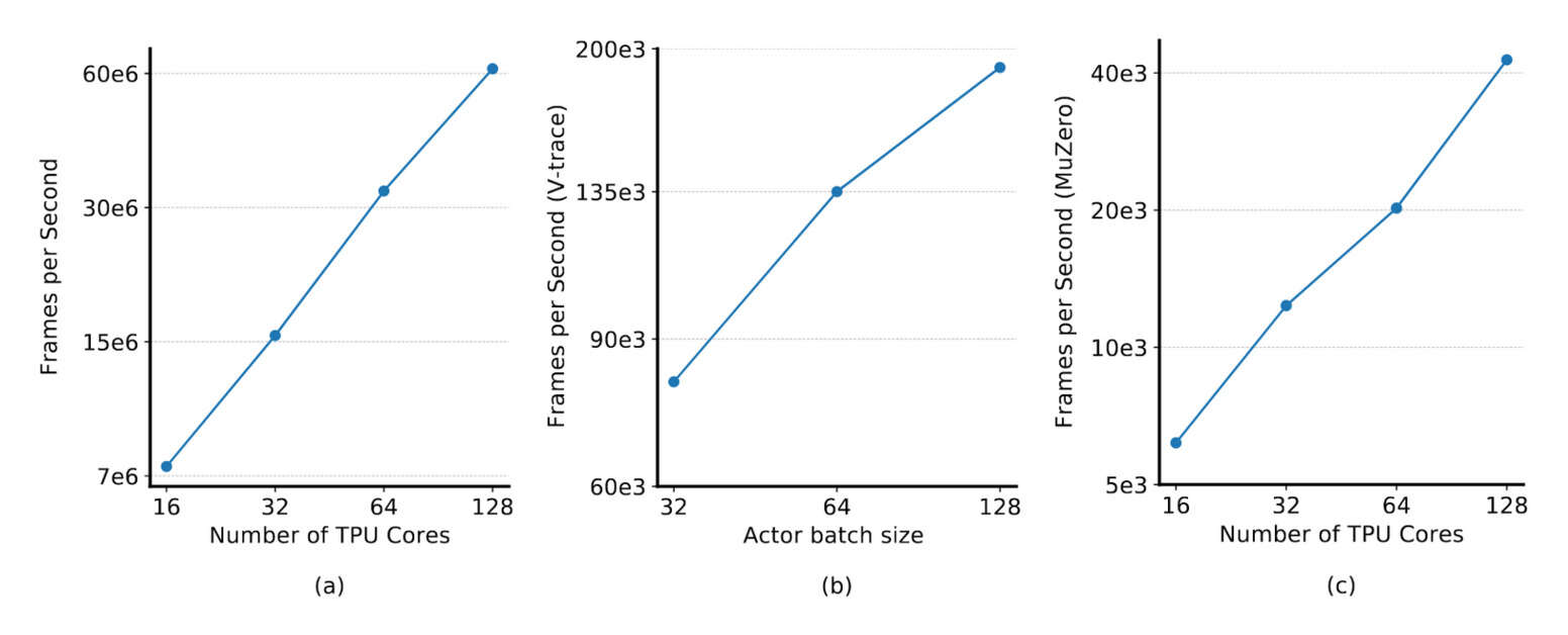Figure 4: (a) FPS for Anakin, as a function of the number of TPU cores, ranging from 16 (ie. 2 replicas) to 128 (ie. 16 replicas). (b) FPS for a Sebulba implementation of IMPALA’s V-trace algorithm, as a function of the actor batch size, from 32 (as in IMPALA) to 128. (c) FPS for a Sebulba implementation of MuZero, as a function of the number of TPU cores, from 16 (ie. 2 replicas) to 128 (ie. 16 replicas).