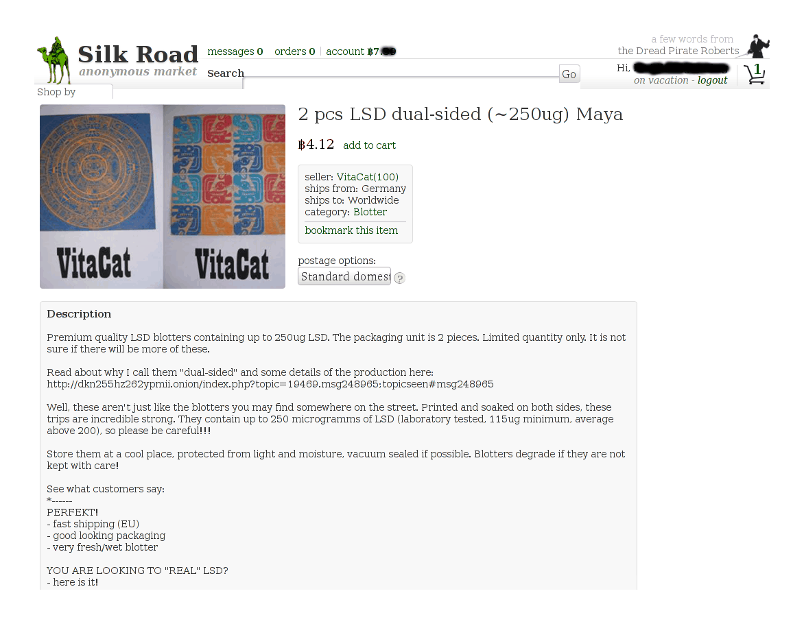 VitaCat’s 250μg LSD blotter listing