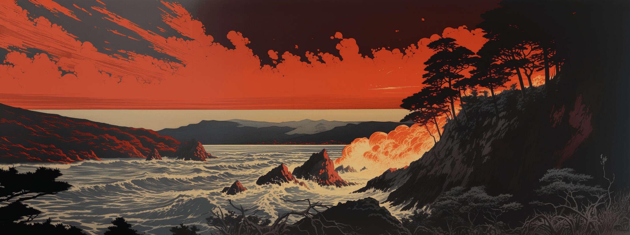 Woodblock-print-style red-black-blue three-tone landscape image of a California coastal wildfire at night dramatically lighting up the sky with red, caused by a lightning strike on dry hills, looking out over an inlet into a bay. Generated by Midjourney v5 on 2023-10-14 by Gwern Branwen. (Final prompt: 'a woodblock print of a California coastal cliff, wildfires in the brush after a lightning strike, midnight, clouds, in the style of detailed engraving, Philippe Druillet, Kazuo Koike, William Wendt, harmonious coloration, high resolution, mingei, flame, disaster, the Bay Fire tragedy.')