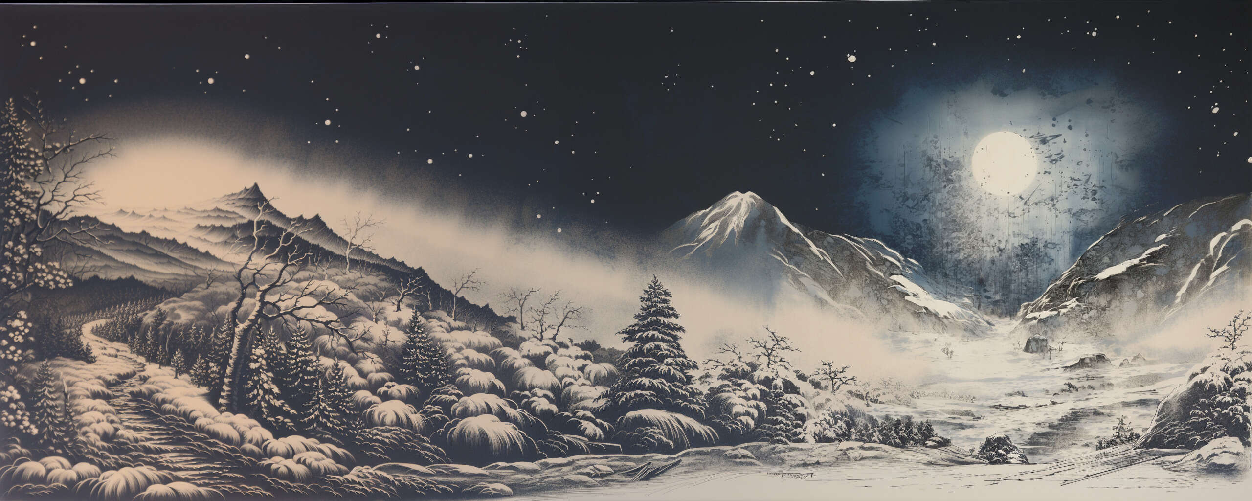 Wood-block-print style image in blue-white-gray-black of a California mountain pass during winter after snowfall during spring melt; centered moon, clouds, pine hill left, starry night sky. Generated by Midjourney v5 on 2023-10-20 by Gwern Branwen. (Final prompt: 'Tsuchiya Koitsu woodblock print etching; California mountain pass, dog tracks in snow, trail, animal tracks, blue, white, black, melancholy, realistic, washed-out, spring melt, harmonious colors --no moon, building, sun, star, planet'.)