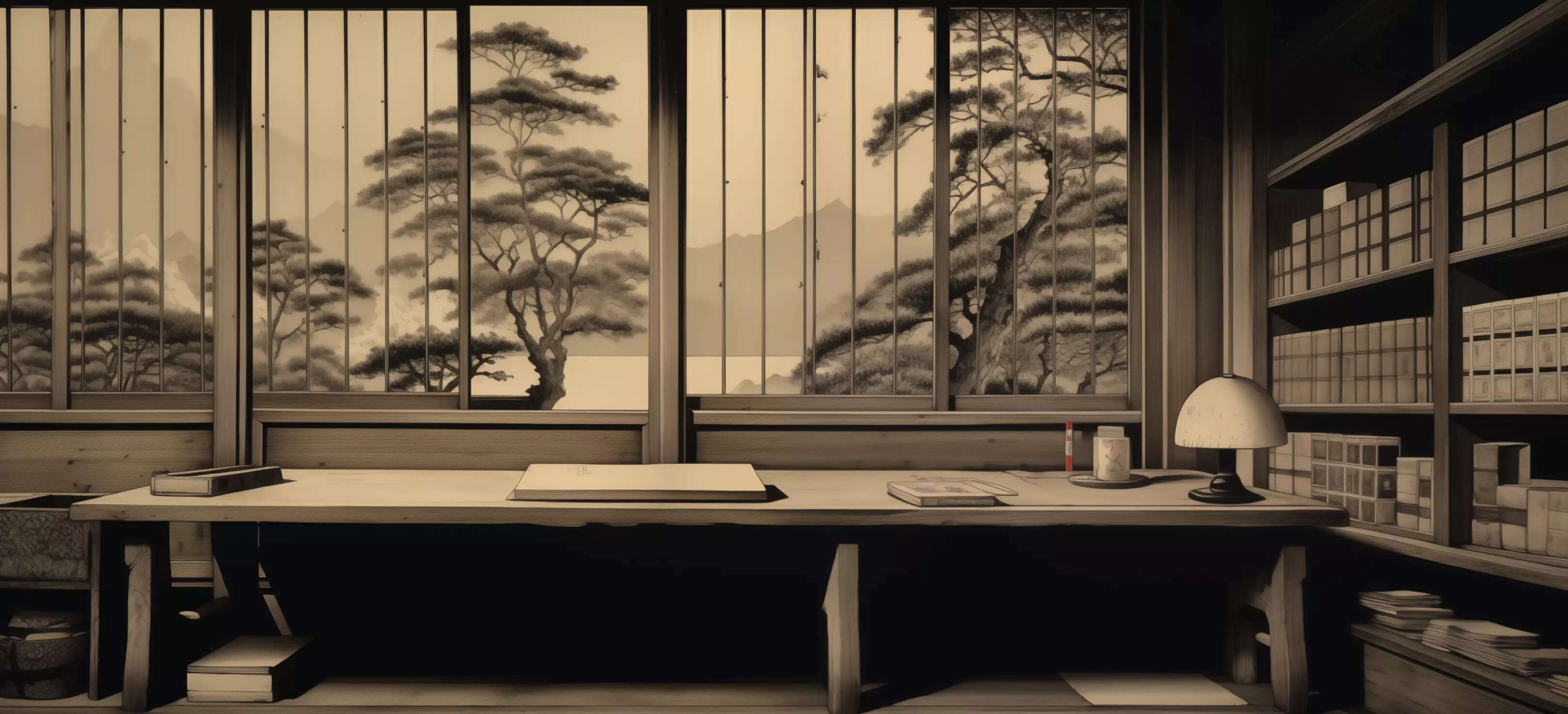 Interior view of a Edo-period Japanese-style study and desk of an impoverished Dutch studies scholar, overlooking a river. Generated by Midjourney v5 on 2023-10-22 by Gwern Branwen. (Final prompt: 'woodblock print by Tsuchiya Kōitsu, interior of old house, 1700s, desk, study full of books papers scrolls of impoverished elderly scholar, perspective of pine trees through window, grisaille, shabby gentility, cluttered, sketchy, simplified image, drawing, duotone, Westernized, Van Gogh, Dutch, tea kettle, river, bay window view, cozy, cottagecore, calm, obscure, mezzotint daguerreotype --ar 11:5'.)