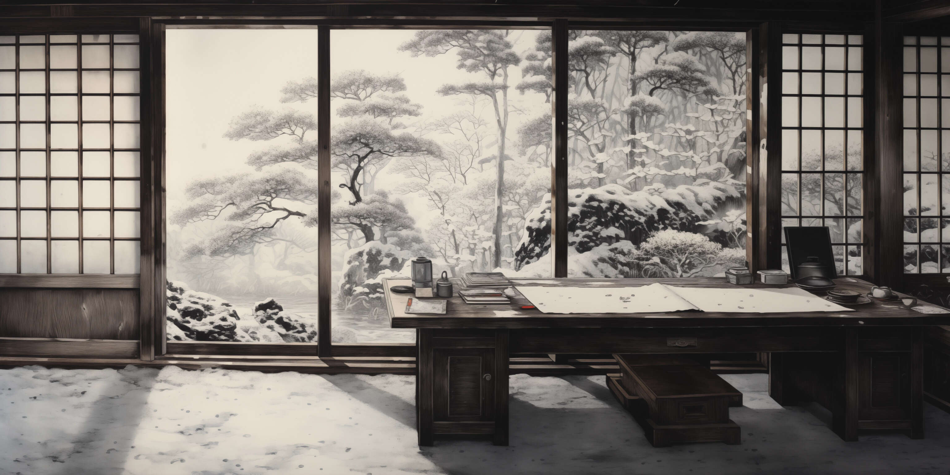 Interior view of a Edo-period Japanese-style study and desk of an impoverished scholar, overlooking a pinetrees in winter, snow from the storm having flooded the room. Generated by Midjourney v5 on 2023-10-22 by Gwern Branwen. (Final prompt: 'woodblock print by Tsuchiya Kōitsu, winter, interior of old house, 1700s, desk, study full of books papers scrolls of impoverished elderly scholar, perspective of pine trees through window, grisaille, shabby gentility, cluttered, sketchy, simplified image, drawing, duotone, Westernized, Van Gogh, Dutch, tea kettle, river, bay window view, closed windows, white, black --ar 2:1'.)