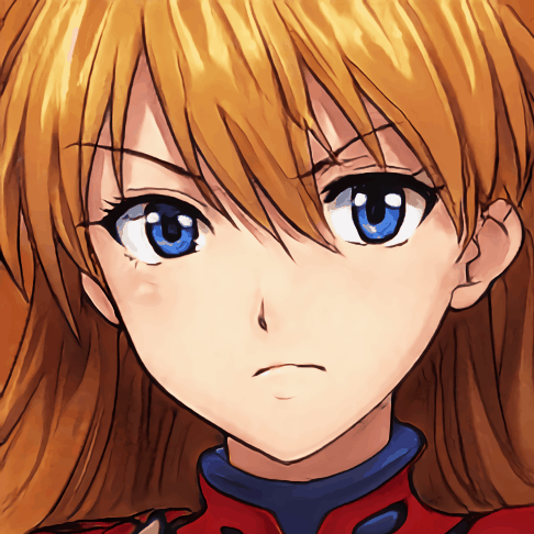 A blond-haired blue-eyed anime face looking at the viewer based on the _Neon Genesis Evangelion_ character, Asuka Souryuu Langley. Hand-selected StyleGAN sample from Asuka Souryuu Langley-finetuned StyleGAN