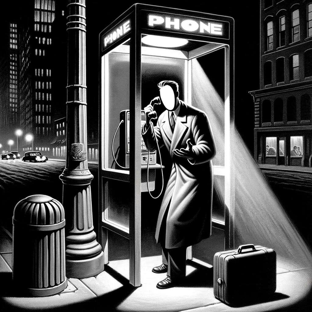 A middle-aged man inside a phone booth, actively talking on the payphone and gesturing frantically, set in a monochrome 1940s noir Manhattan at night. His luggage is beside the booth, and he is the only person in the deserted street scene. The man is illustrated in a pulp magazine oil painting style with an abstract blank cartoon face, against a photographic realism cityscape, highlighting his isolation and desperation. (Generated by Gwern Branwen using DALL·E 3 on 2023-12-04.) “Men, too, secrete the inhuman. At certain moments of lucidity, the mechanical aspect of their gestures, their meaningless pantomime makes silly everything that surrounds them. A man is talking on the telephone behind a glass partition; you cannot hear him, but you see his incomprehensible dumbshow: you wonder why he is alive.”