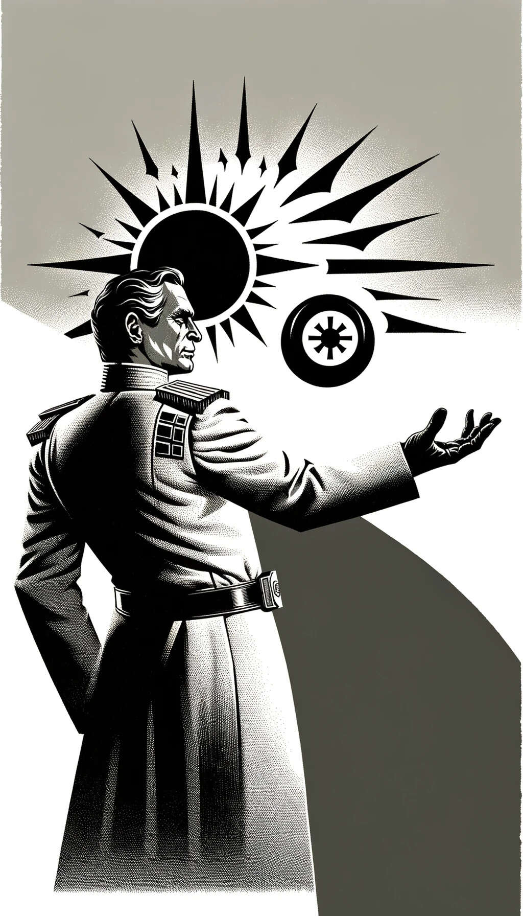 A print illustration in black and white, featuring Timothy Zahn's <em>Star Wars</em> Expanded Universe character Grand Admiral Thrawn in his Imperial uniform, shown in profile to the left with his back to the viewer. His hand extends to the right, reaching towards a stylized sol symbol in the sky, representing his enemy the Black Sun, and next to his, the Galactic Empire symbol, representing his ambitions to rule the galaxy. The spiky symbols warn that his reach may exceed hias grasp, and dedpict the classic themes of hubris. Generated by Gwern Branwen on 2023-11-17 using DALL·E 3.
